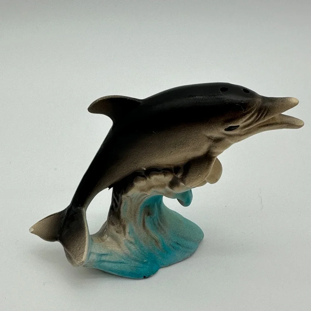 Vintage Dolphin Salt and Pepper Shakers Set Grey Blue Ocean Waves Decor